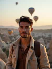 Breathtakingly man as digital nomad with hot air balloons in the background in cappadocia, Türkiye. Cappadocia, Turkey