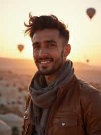 Breathtakingly man as digital nomad with hot air balloons in the background in cappadocia, Türkiye. Cappadocia, Turkey