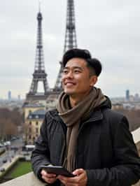 man as digital nomad in Paris with the Eiffel Tower in background