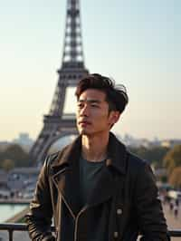 man as digital nomad in Paris with the Eiffel Tower in background