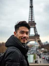 man as digital nomad in Paris with the Eiffel Tower in background