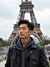 man as digital nomad in Paris with the Eiffel Tower in background