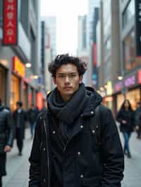 man as digital nomad in Seoul in Gangnam in Cheongdamdong Luxury Shopping street. stores visible in background