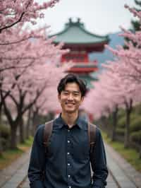 man as digital nomad in Japan with Japanese Cherry Blossom Trees and Japanese temples in background