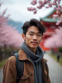 man as digital nomad in Japan with Japanese Cherry Blossom Trees and Japanese temples in background