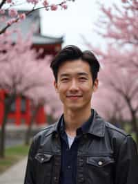 man as digital nomad in Japan with Japanese Cherry Blossom Trees and Japanese temples in background