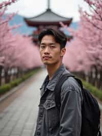 man as digital nomad in Japan with Japanese Cherry Blossom Trees and Japanese temples in background