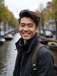 man as digital nomad in Amsterdam with the Amsterdam Canals in background