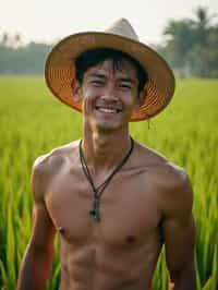 man as digital nomad in Canggu, Bali near rice fields