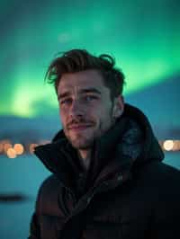 man as digital nomad in Reykjavik with the Northern Lights in the background