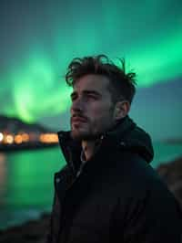 man as digital nomad in Reykjavik with the Northern Lights in the background