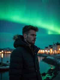 man as digital nomad in Reykjavik with the Northern Lights in the background