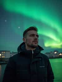 man as digital nomad in Reykjavik with the Northern Lights in the background