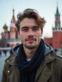 man as digital nomad in Moscow with the Kremlin in the background