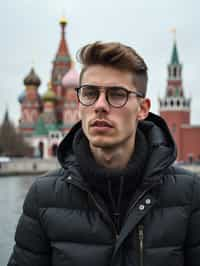 man as digital nomad in Moscow with the Kremlin in the background