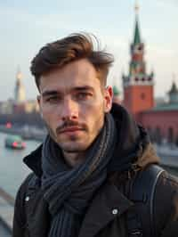 man as digital nomad in Moscow with the Kremlin in the background