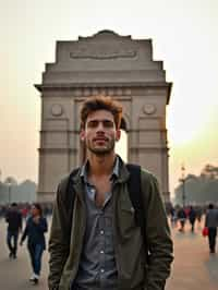 man as digital nomad in Delhi with the India Gate in the background