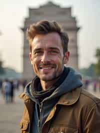 man as digital nomad in Delhi with the India Gate in the background