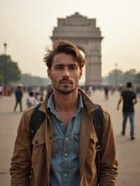 man as digital nomad in Delhi with the India Gate in the background