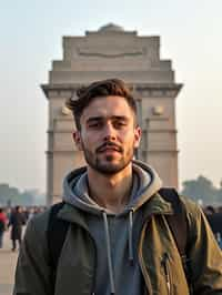 man as digital nomad in Delhi with the India Gate in the background