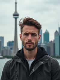 man as digital nomad in Toronto with the CN Tower in the background