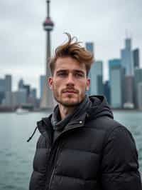 man as digital nomad in Toronto with the CN Tower in the background