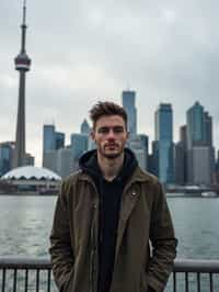 man as digital nomad in Toronto with the CN Tower in the background