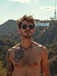 man as digital nomad in Los Angeles with the Hollywood sign in the background