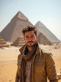 man as digital nomad in Cairo with the Pyramids of Giza in the background