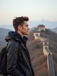 man as digital nomad in Beijing with the Great Wall in the background