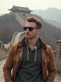 man as digital nomad in Beijing with the Great Wall in the background