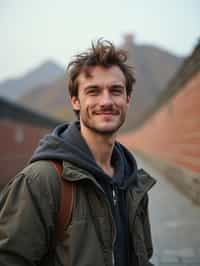 man as digital nomad in Beijing with the Great Wall in the background