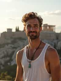 man as digital nomad in Athens with the Acropolis in the background