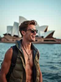 man as digital nomad in Sydney with the Sydney Opera House in the background