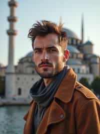 man as digital nomad in Istanbul with The Mosque in background