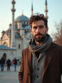 man as digital nomad in Istanbul with The Mosque in background