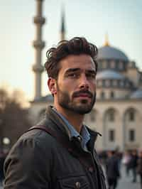 man as digital nomad in Istanbul with The Mosque in background