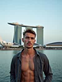 man as digital nomad in Singapore with Marina Bay Sands in background