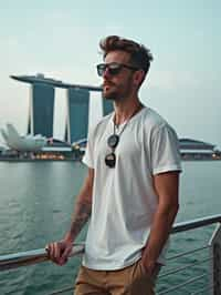 man as digital nomad in Singapore with Marina Bay Sands in background