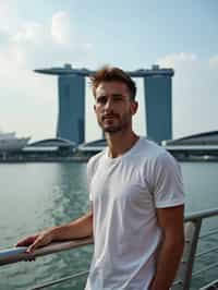 man as digital nomad in Singapore with Marina Bay Sands in background