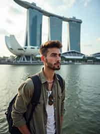 man as digital nomad in Singapore with Marina Bay Sands in background