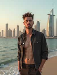 man as digital nomad in Dubai with skyline in background