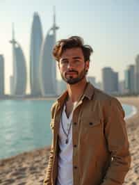 man as digital nomad in Dubai with skyline in background