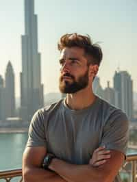 man as digital nomad in Dubai with skyline in background