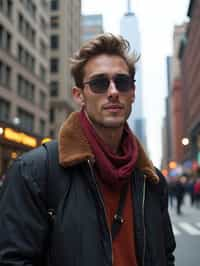 man as digital nomad in New York City with Manhattan in background