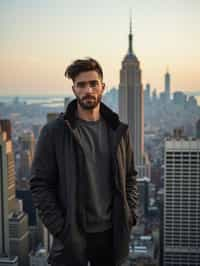 man as digital nomad in New York City with Manhattan in background