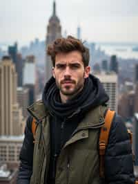 man as digital nomad in New York City with Manhattan in background