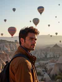 Breathtakingly man as digital nomad with hot air balloons in the background in cappadocia, Türkiye. Cappadocia, Turkey