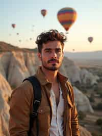 Breathtakingly man as digital nomad with hot air balloons in the background in cappadocia, Türkiye. Cappadocia, Turkey