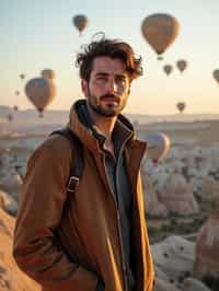 Breathtakingly man as digital nomad with hot air balloons in the background in cappadocia, Türkiye. Cappadocia, Turkey